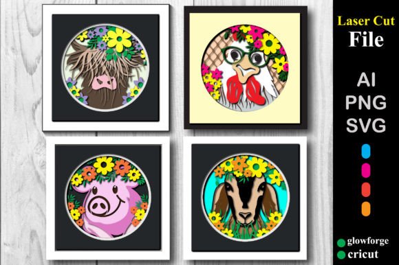 3D Farm Animals Shadow Box SVG for Laser Cutting